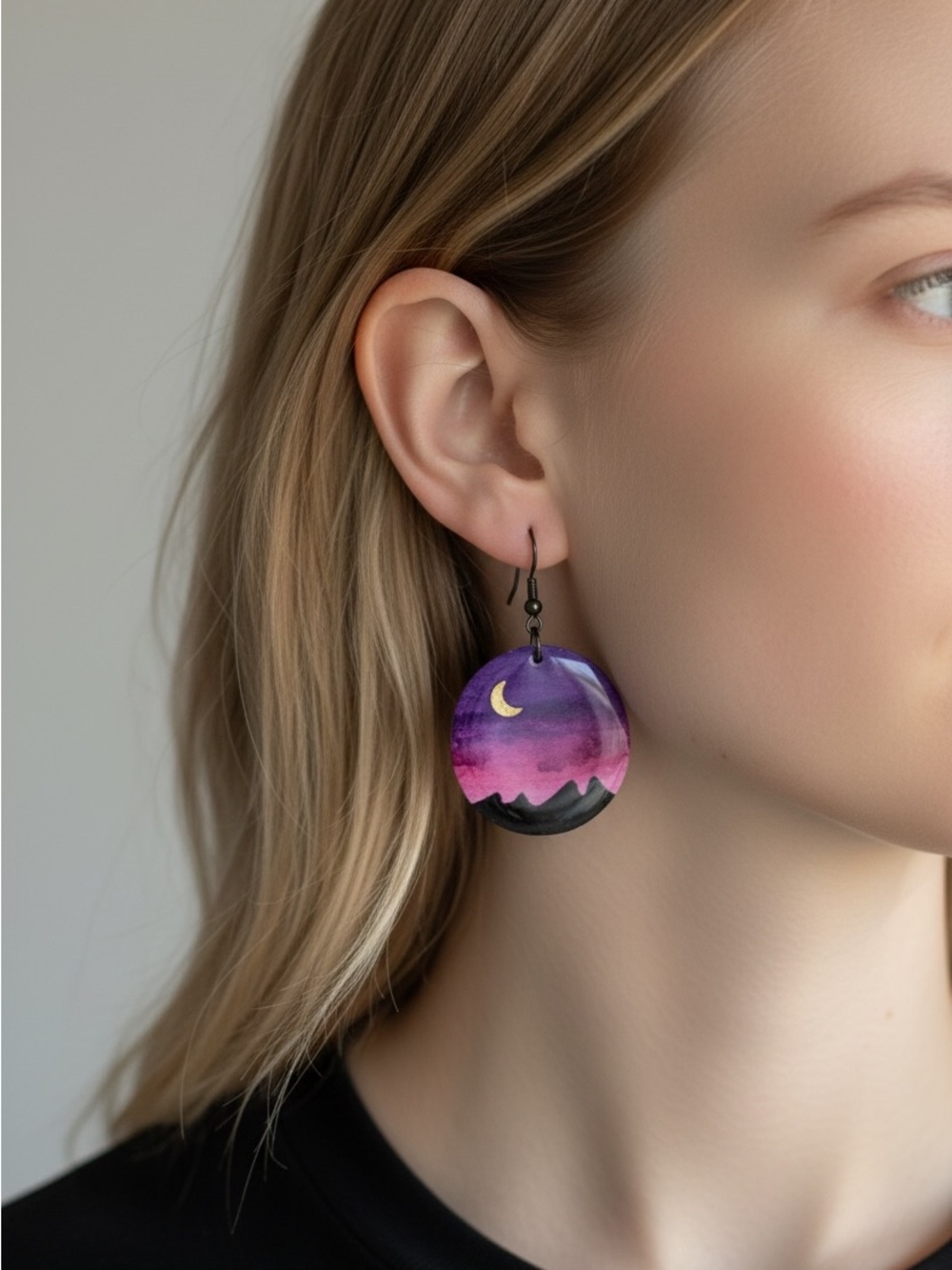 10/15 Purple Moonrise Hand-Painted Round Drop Earrings